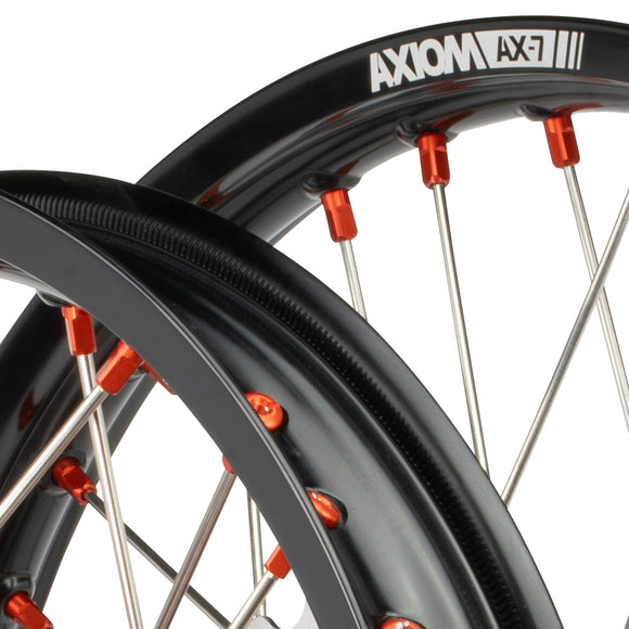 Axiom Gas Gas EC250-500F 2021-24 Black Rim / Orange Hub / Orange Nipples 21x1.6/18x2.15 Wheel Set with Discs