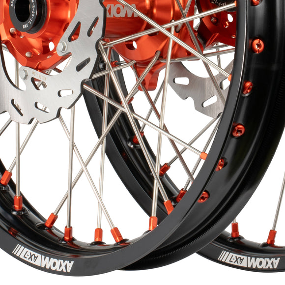 Axiom Gas Gas EC250-500F 2021-24 Black Rim / Orange Hub / Orange Nipples 21x1.6/18x2.15 Wheel Set with Discs
