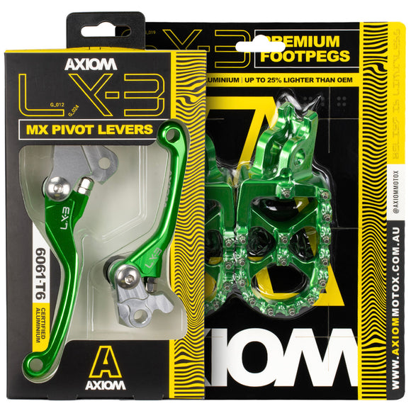 Axiom Kawasaki KX250F-KX250X 21-24 / KX450F 19-23 / KX450X 22-23 Green Brake & Clutch Lever / Footpeg Kit