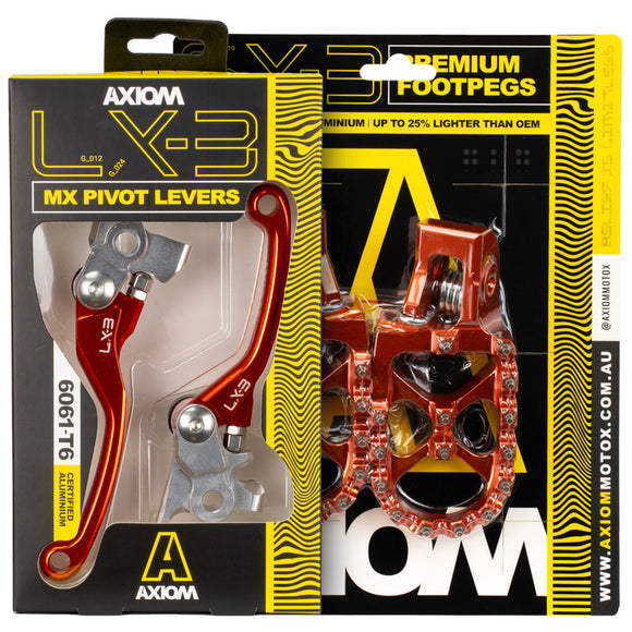 Axiom KTM SX125 05-08 / SX 250 05 / SXF250 05-06 / SXF450 07-08 / EXC400-450-525 05-07 Orange Brake & Clutch Lever / Footpeg Kit
