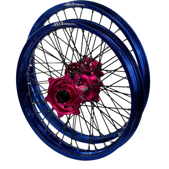 ENVY/DID STX KTM EXC-EXCF. HQVA TE-FE, Gas Gas EC 125-450 2014-2022 21/18x2.15 Blue / Hot Pink with Black Spokes Wheel Set