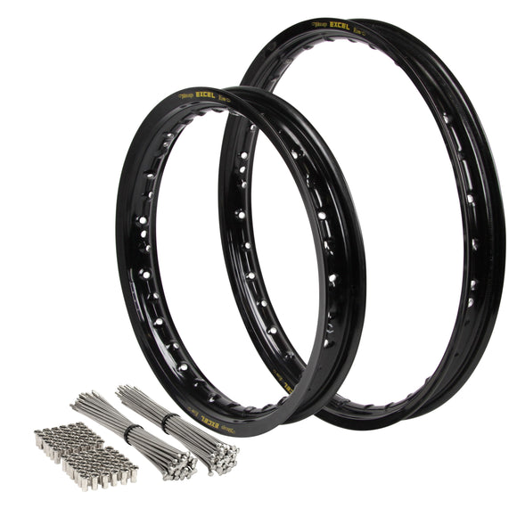 Kawasaki KX80/KX85/KLX140 1998-2025 17/14 OEM Front/Rear Black Excel Rim & Bulldog Spoke Set