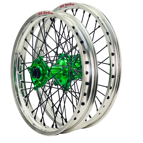 DID DirtStar / Axiom Kawasaki KX-KXF 2006-26 Silver Rim / Green Hub / Black Spokes / Black Nipples 21x1.6/19x2.15 Motocross Wheel Set