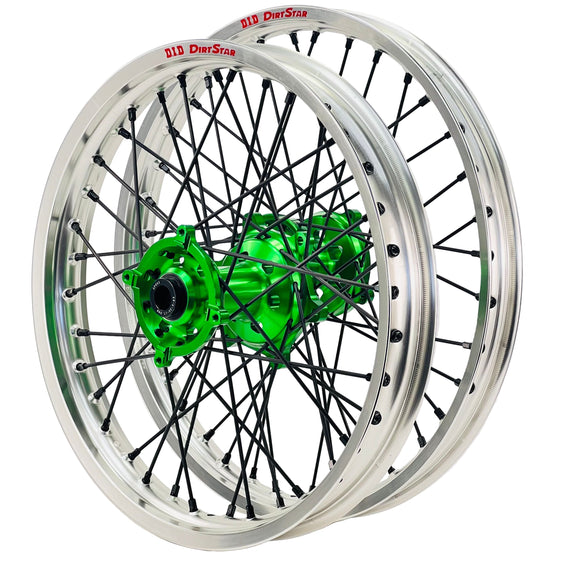 DID DirtStar / Axiom Kawasaki KX-KXF 2006-26 Silver Rim / Green Hub / Black Spokes / Black Nipples 21x1.6/19x2.15 Motocross Wheel Set