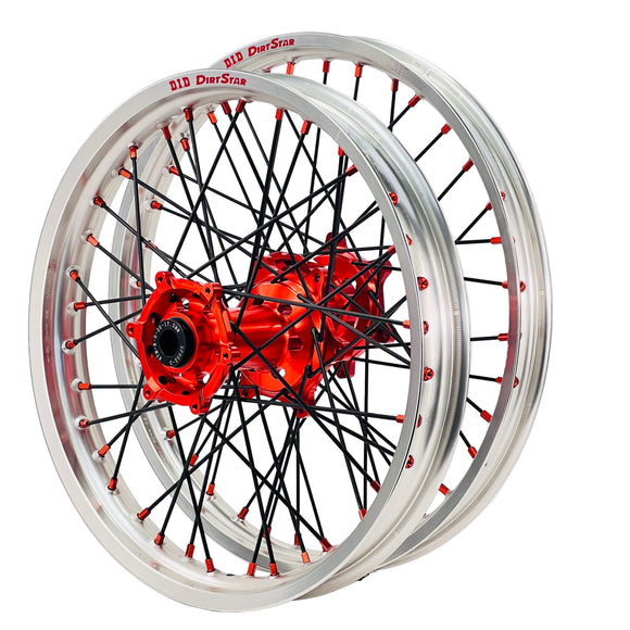 DID DirtStar / Axiom KTM / Husqvarna / GasGas 2003-26 Silver Rim / Orange Hub / Black Spokes / Orange Nipples 21x1.6/18x2.15 Enduro Wheel Set