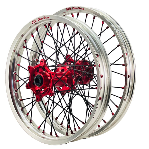 DID DirtStar / Axiom Honda CRF250-450R 2014-26 Silver Rim / Red Hub / Black Spokes / Red Nipples 21x1.6/18x2.15 Enduro Wheel Set