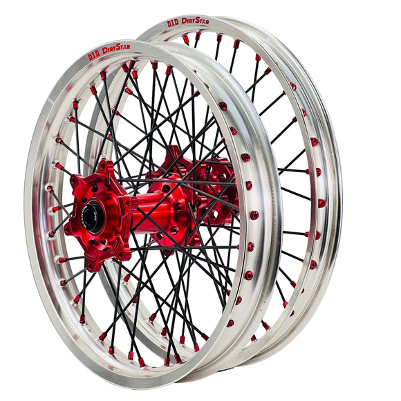 DID DirtStar / Axiom Honda CRF250-450R 2014-26 Silver Rim / Red Hub / Black Spokes / Red Nipples 21x1.6/18x2.15 Enduro Wheel Set