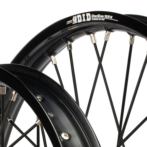 Envy/DID 21/18 KTM SX-SXF 15-22, Husqvarna TC-FC 16-22 Black Rim / Blue Hub Black Spokes Wheel Set