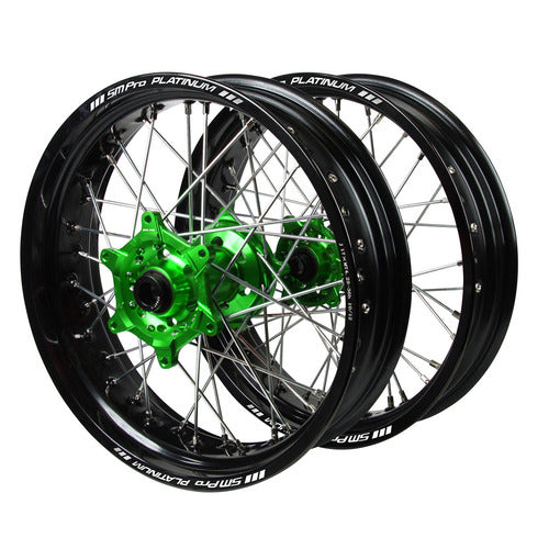 SM PRO Kawasaki KX125-250 2006-08 / KX250-450F 2006-24 17x3.5/17x4.25 Black/Green Supermoto Wheel Set