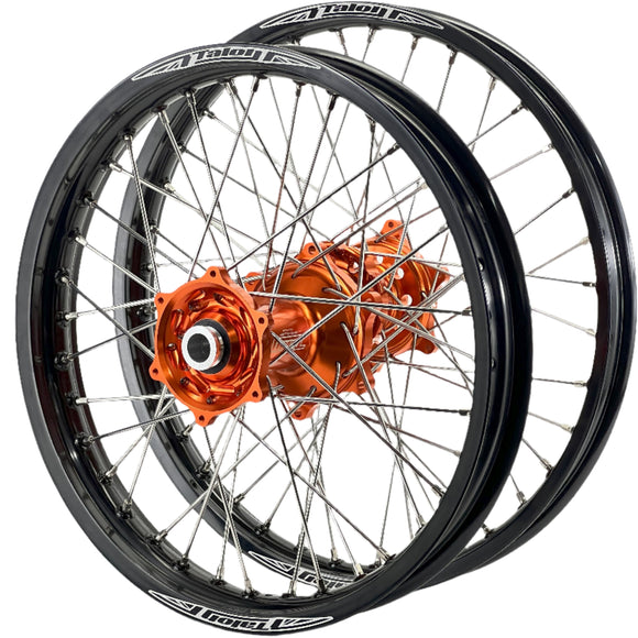 Talon KTM EXC-EXC-F 250-300-350-450-500 2016-2023 21/18 Black Rim/Orange Hub Wheel Set